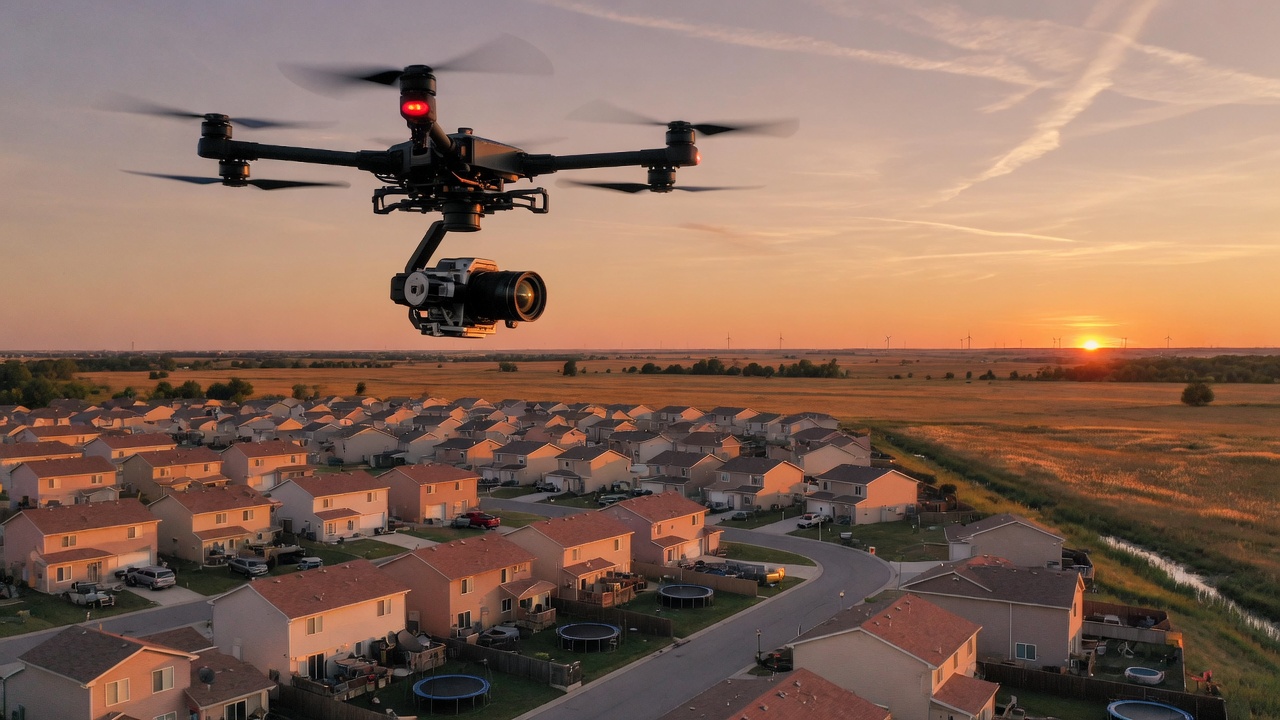 Cinema drone over a Midwest development at sunset