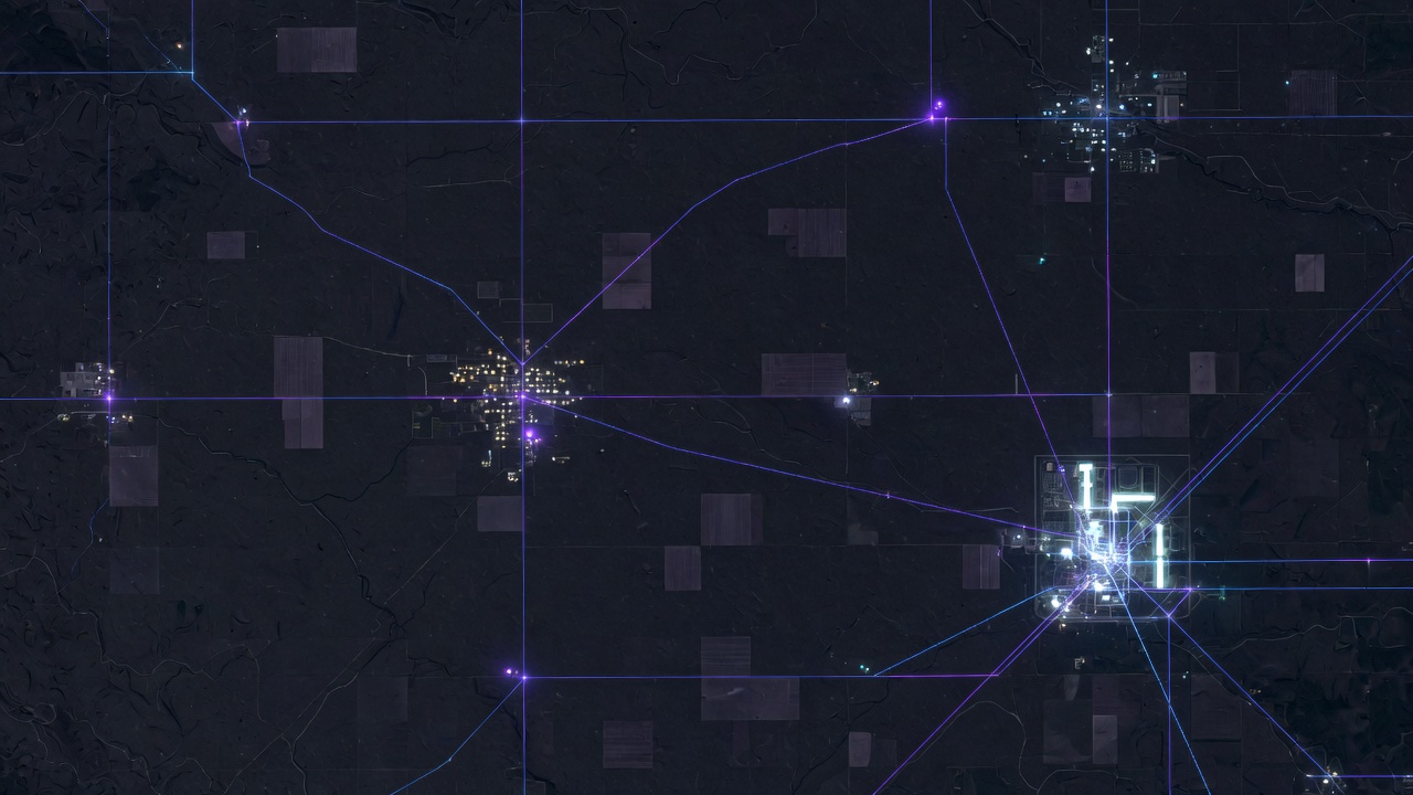 Dark cartographic view of energy infrastructure across the plains