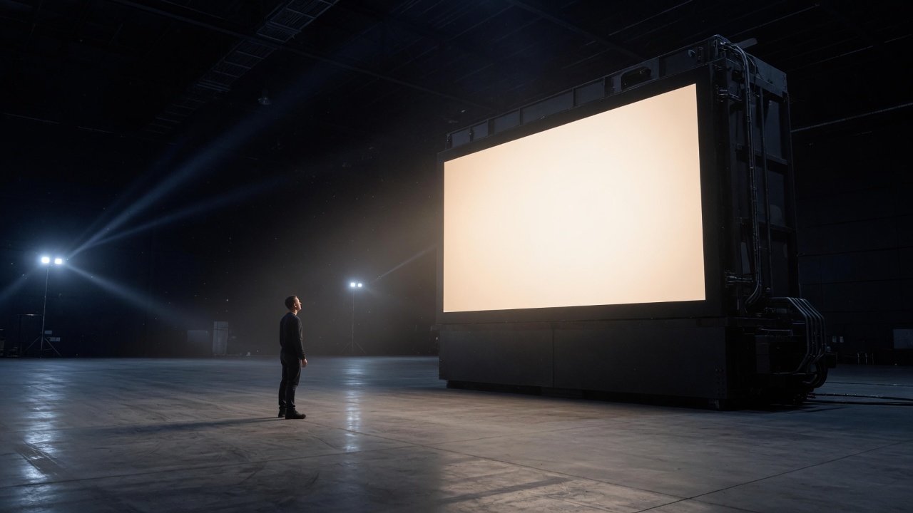 A single person in a dark hall, facing a wall of light