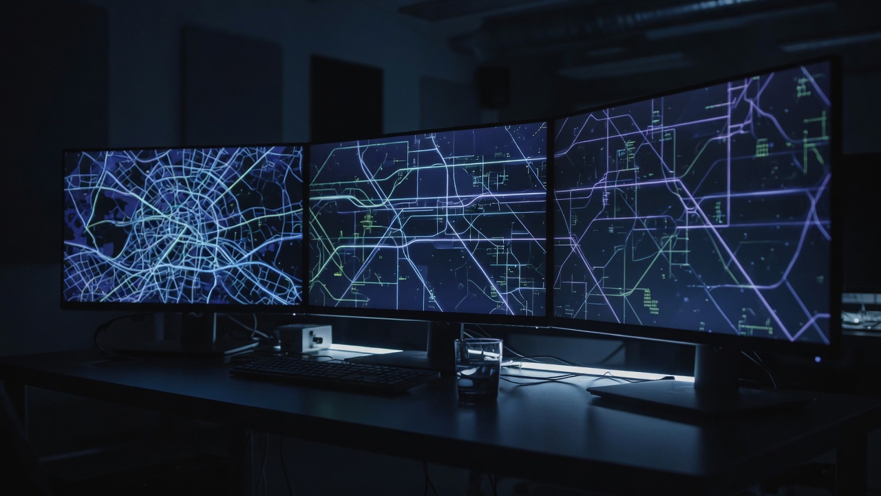Dark operations desk with map displays