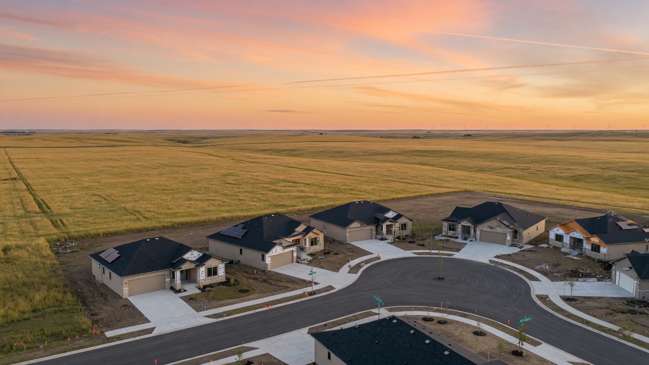 Aerial view of a new residential development at the prairie edge