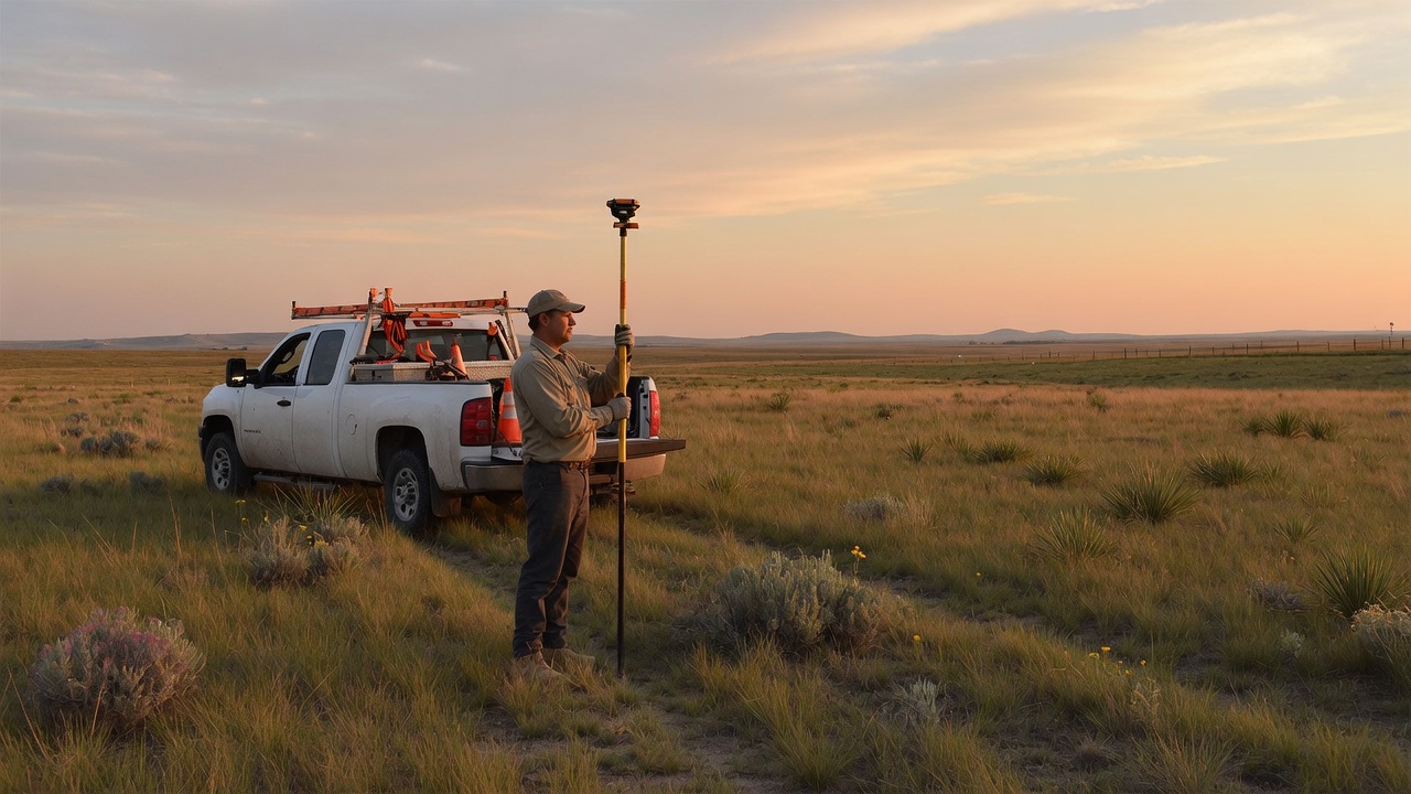 Field technician operating a GPS rover on open grassland